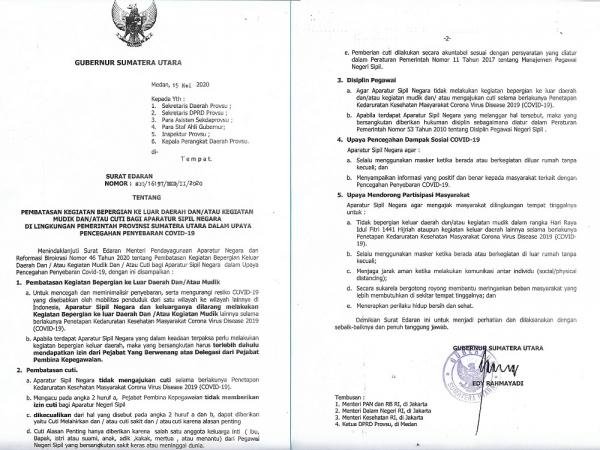 Pembatasan Kegiatan Berpergian ke luar daerah dan/atau kegiatan mudik dan/atau cuti bagi aparatur sipil negara di lingkungan pemerintah provinsi sumatera utara dalam upaya pencegahan penyebaran covid-10